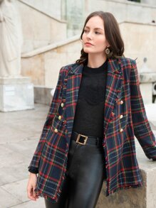 SHEIN LUNE Blazer con cuello de solapa y flecos con estampado de tartán para otoño/invierno - Multicolor - Ver 4