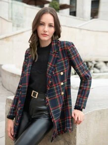 SHEIN LUNE Blazer con cuello de solapa y flecos con estampado de tartán para otoño/invierno - Multicolor - Ver 5