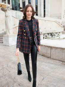 SHEIN LUNE Blazer con cuello de solapa y flecos con estampado de tartán para otoño/invierno - Multicolor - Ver 6