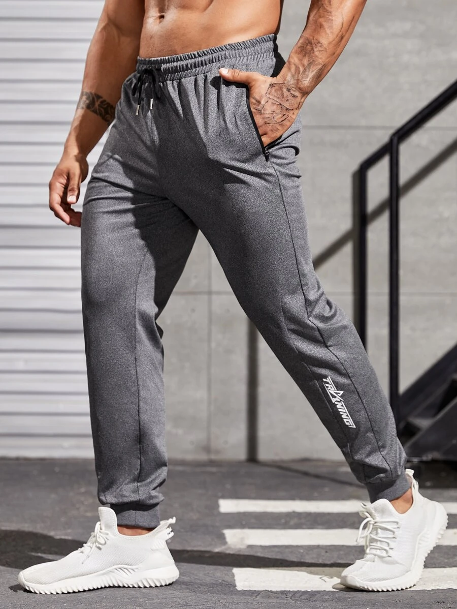 Men Letter Graphic Drawstring Waist Sports Trousers - Grey - View 1