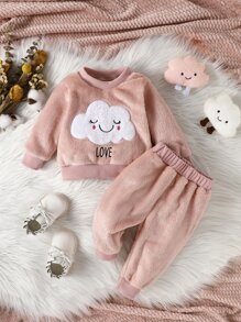 嬰兒卡通和字母刺繡衛衣和褲子