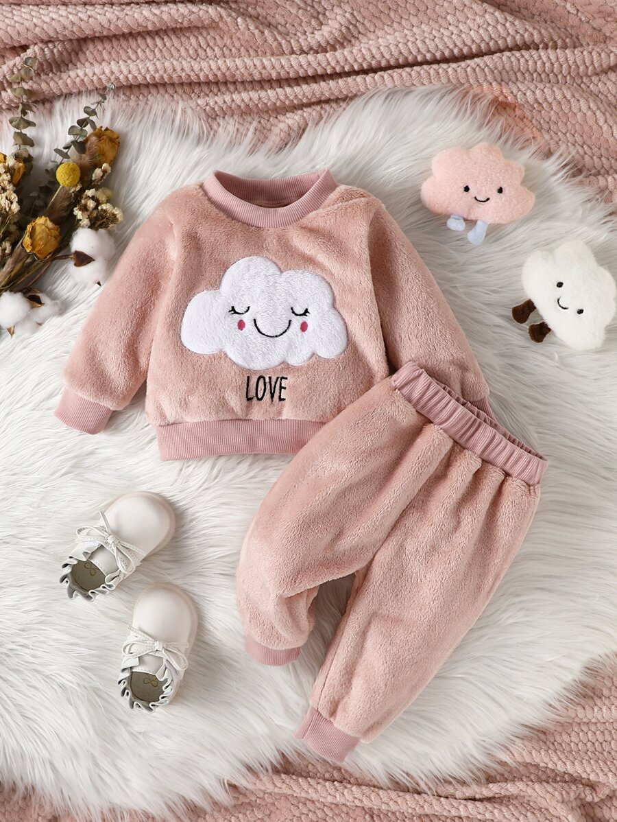 嬰兒卡通和字母刺繡衛衣和褲子