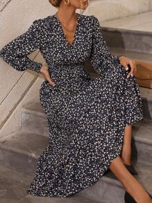 SHEIN Clasi 小碎花腰部打褶燈籠袖荷葉邊洋裝