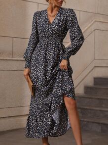 SHEIN Clasi 小碎花腰部打褶燈籠袖荷葉邊洋裝