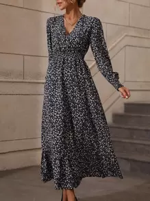 SHEIN Clasi 小碎花腰部打褶燈籠袖荷葉邊洋裝