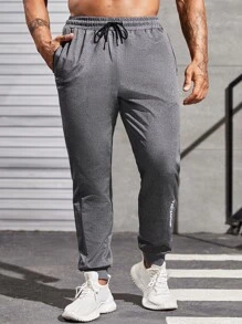 Men Letter Graphic Drawstring Waist Sports Trousers - Grey - View 5