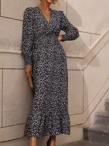 SHEIN Clasi 小碎花腰部打褶燈籠袖荷葉邊洋裝