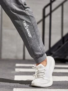 Men Letter Graphic Drawstring Waist Sports Trousers - Grey - View 6