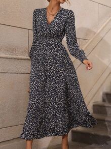 SHEIN Clasi 小碎花腰部打褶燈籠袖荷葉邊洋裝