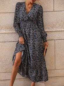 SHEIN Clasi 小碎花腰部打褶燈籠袖荷葉邊洋裝