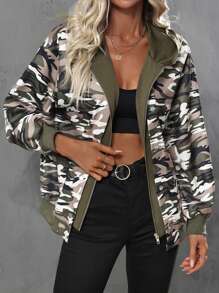 Camo Print Drop Shoulder Hooded Jacket - Multicolor - View 1