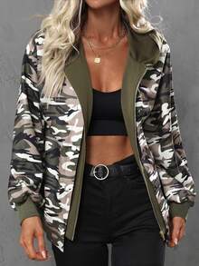 Camo Print Drop Shoulder Hooded Jacket - Multicolor - View 6
