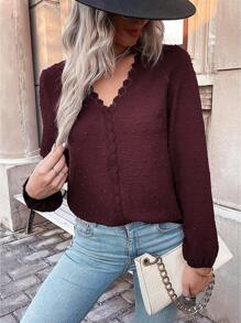 SHEIN LUNE Swiss Dot Guipure Lace Insert Lantern Sleeve Blouse