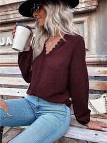 SHEIN LUNE Swiss Dot Guipure Lace Insert Lantern Sleeve Blouse