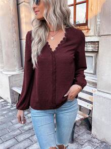SHEIN LUNE Swiss Dot Guipure Lace Insert Lantern Sleeve Blouse