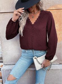 SHEIN LUNE Swiss Dot Guipure Lace Insert Lantern Sleeve Blouse