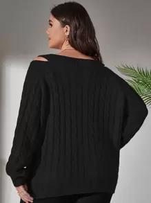 SHEIN LUNE Plus Cold Shoulder Cable Knit Jumper - Black - View 2