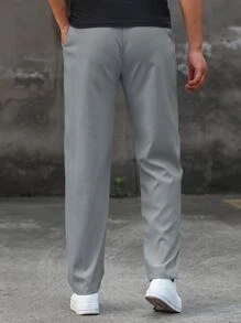 Manfinity Homme Loose Fit Men's Letter Patched Straight Leg Pants With Drawstring Waist, Fall - Grey - View 2