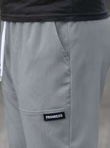 Manfinity Homme Loose Fit Men's Letter Patched Straight Leg Pants With Drawstring Waist, Fall - Grey - View 3