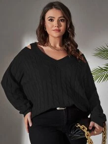 SHEIN LUNE Plus Cold Shoulder Cable Knit Jumper - Black - View 5