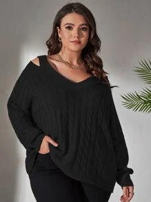 SHEIN LUNE Plus Cold Shoulder Cable Knit Jumper - Black - View 6