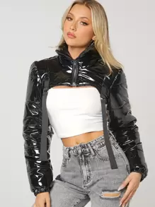 Abrigo acolchado con espalda descubierta ultra corto - Negro - Ver 1