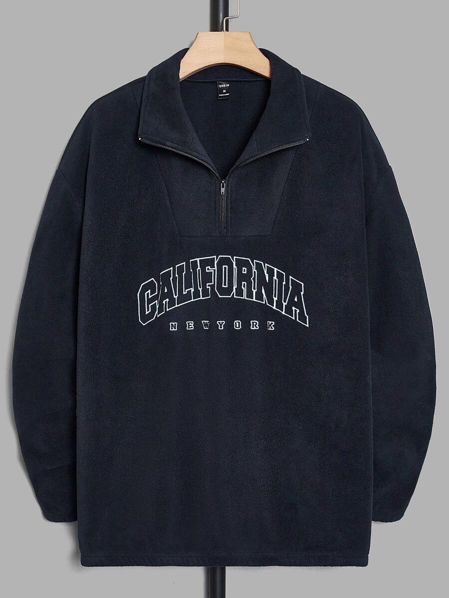 Aesthetic Post Men Letter Embroidery Half Zip Fleece Sweatshirt - Navy Blue - View 1