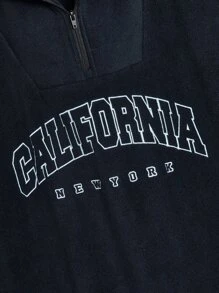 Aesthetic Post Men Letter Embroidery Half Zip Fleece Sweatshirt - Navy Blue - View 4