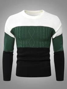 Manfinity 男士撞色麻花編織套頭毛衣 - 彩色 - 查看 3