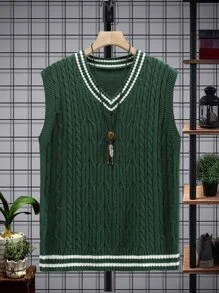 Manfinity Hypemode Men Striped Trim Cable Knit Sweater Vest, Men Knit Vest, Men Sleeveless Sweater, Sweater Vest, Knit Vest, Men Outerwear Co Ords - Dark Green - View 3