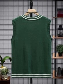 Manfinity Hypemode Men Striped Trim Cable Knit Sweater Vest, Men Knit Vest, Men Sleeveless Sweater, Sweater Vest, Knit Vest, Men Outerwear Co Ords - Dark Green - View 2