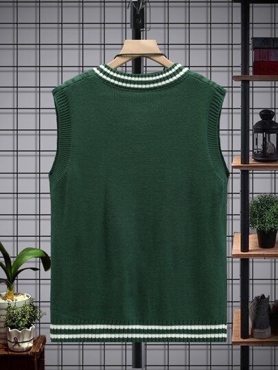 Guys Striped Trim Cable Knit Sweater Vest