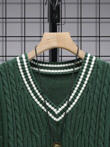 Manfinity Hypemode Men Striped Trim Cable Knit Sweater Vest, Men Knit Vest, Men Sleeveless Sweater, Sweater Vest, Knit Vest, Men Outerwear Co Ords - Dark Green - View 6