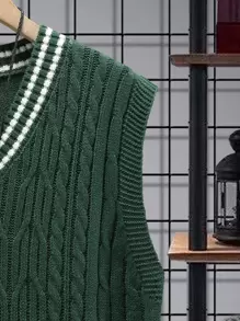 Manfinity Hypemode Men Striped Trim Cable Knit Sweater Vest, Men Knit Vest, Men Sleeveless Sweater, Sweater Vest, Knit Vest, Men Outerwear Co Ords - Dark Green - View 7