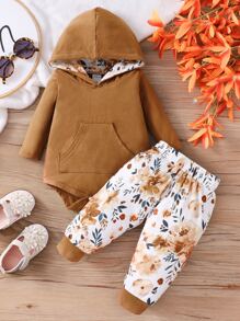 女嬰花卉圖案袋鼠口袋連帽連體衣帶褲子