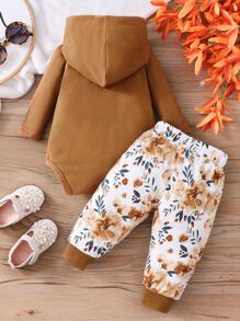 女嬰花卉圖案袋鼠口袋連帽連體衣帶褲子