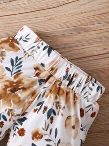 女嬰花卉圖案袋鼠口袋連帽連體衣帶褲子