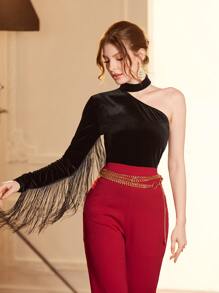 Modelyn Choker Neck Fringe Trim Velvet Tee - Black - View 1