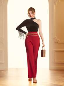 Modelyn Choker Neck Fringe Trim Velvet Tee - Black - View 3