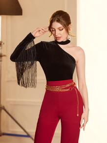 Modelyn Choker Neck Fringe Trim Velvet Tee - Black - View 5