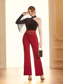 Modelyn Choker Neck Fringe Trim Velvet Tee - Black - View 6