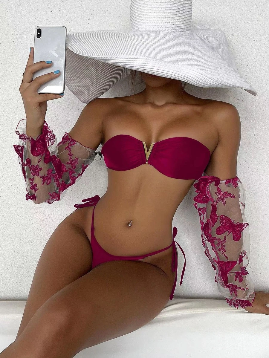 SHEIN Swim Summer Beach Butterfly Applique Bikini Set V Wired Embroidery Mesh Long Sleeves Top & Tie Side Bottom 2 Pieces Bikini - Burgundy - View 1