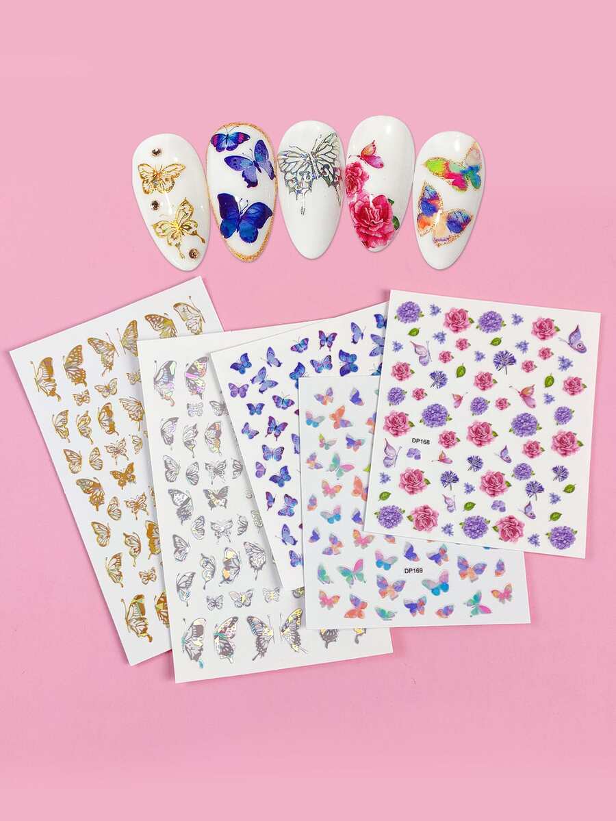 1 Sheet Butterfly Nail Art Stickers Laser Gold Butterfly Nail Design Sticker Adhesive Nail Decals Nail Art Foils Butterflies Stickers