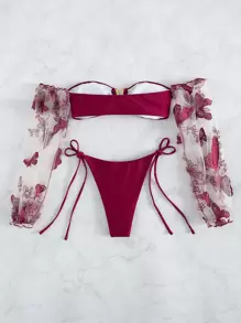 SHEIN Swim Summer Beach Butterfly Applique Bikini Set V Wired Embroidery Mesh Long Sleeves Top & Tie Side Bottom 2 Pieces Bikini - Burgundy - View 3
