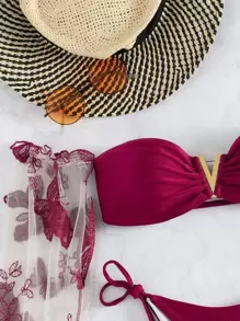 SHEIN Swim Summer Beach Butterfly Applique Bikini Set V Wired Embroidery Mesh Long Sleeves Top & Tie Side Bottom 2 Pieces Bikini - Burgundy - View 4