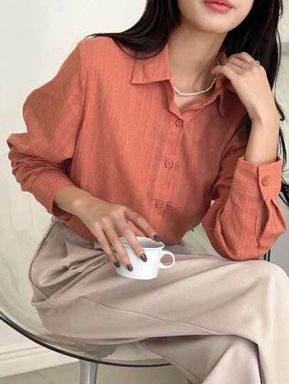 DAZY 女士商务休闲纯色纹理长袖宽松翻领衬衫，秋季服装