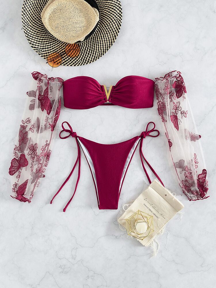 SHEIN Swim Conjunto de bikini de 2 piezas con top de mangas largas de malla bordada con arandela en V y Bottom con amarres laterales, con aplicaciones de mariposa para playa de verano - Burdeos - Añade 6