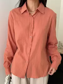 DAZY Button Through Textured Shirt - Coral Orange - View 7