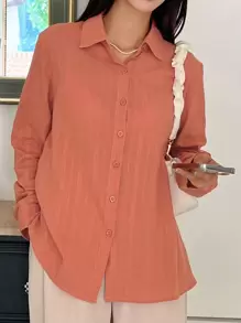 DAZY Button Through Textured Shirt - Coral Orange - View 5