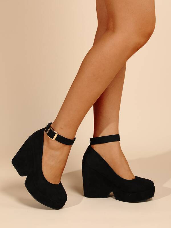 Faux Suede Ankle Strap Wedge Court Shoes, Black Elegant Solid Color